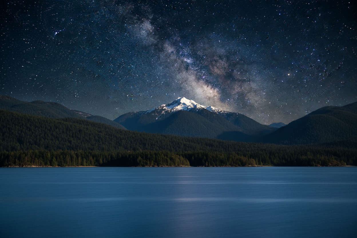 CANADIAN MOUNTAIN PREFERABBLY IN VANCOUVER BC, WITH THE OCEAN TREES AND A MOUNTAIN WITH STARY SKY EQUAL PORTION OF OCEAN, MOUNTAIN, AND STARY SKY